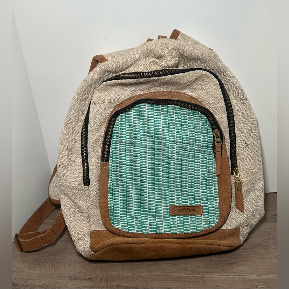 WOVEN 14" Laptop Tan & Teal Backpack Work‎ Travel Or School.